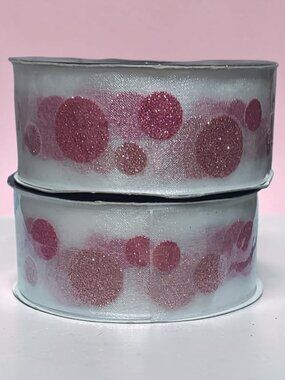 Lot of 2 Ribbon Pink Hot Pink Polka Dots Sheer Glitter 1.5 in x 4 yds Each NWT